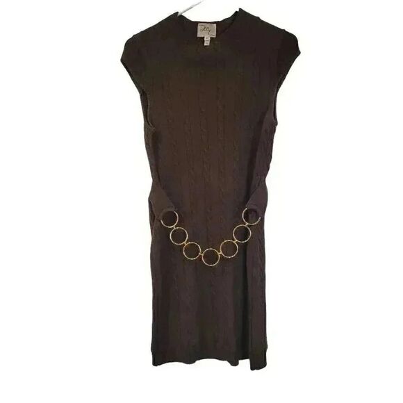 Milly of New York Women's Brown Viscose/Poly Cable Knit Sweater Dress w Gold Cha - Picture 1 of 10